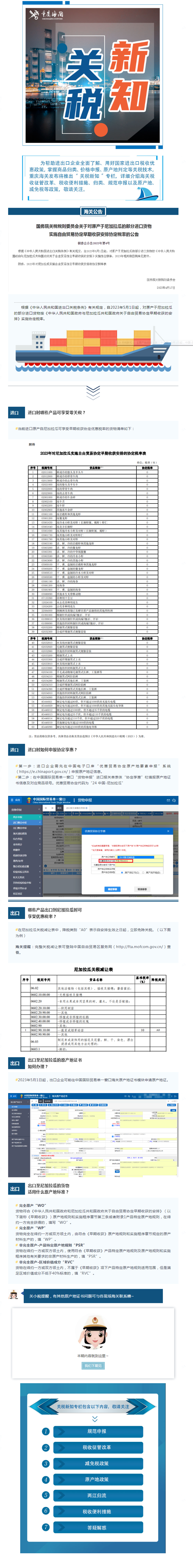 5.8 关税新知｜ 【原产地政策】第三十一期：5月1日起，中国-尼加拉瓜自贸协定“早期收获”相互生效实施!