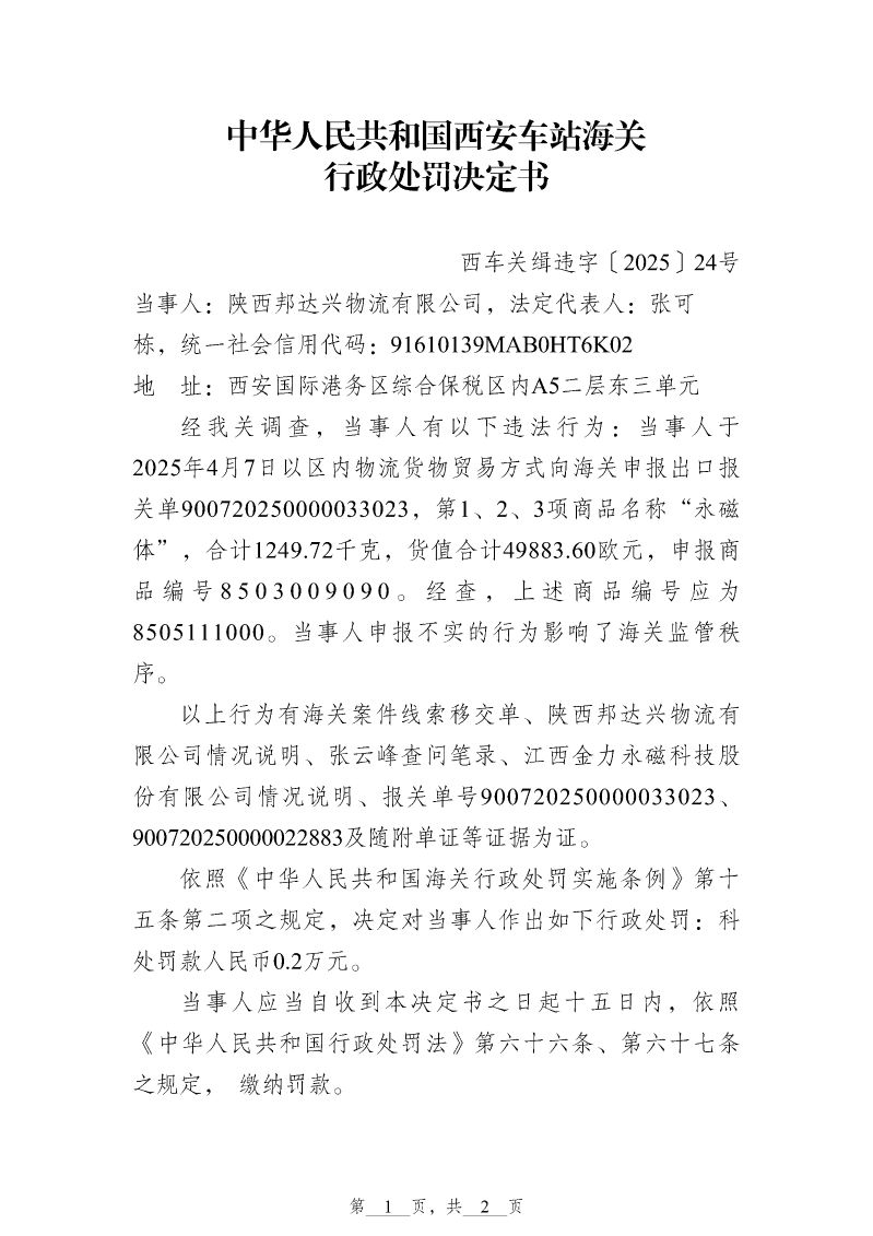 中华人民共和国西安车站海关行政处罚决定书(西车关缉违字〔2025〕24号)_页面_1